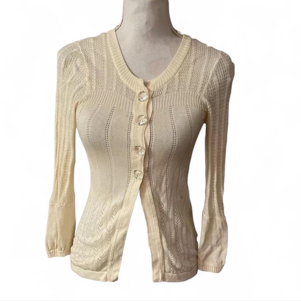 Charlotte Tarantola Eyelet Ivory 4 Clear Button Cardigan Size Small